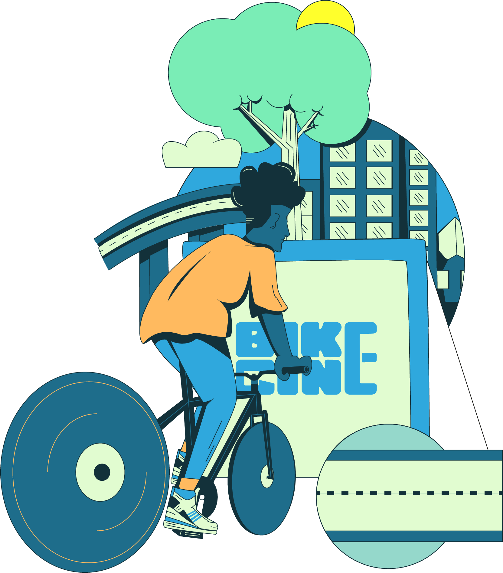 Ilustração de uma pessoa pedalando uma bicicleta em uma ciclovia